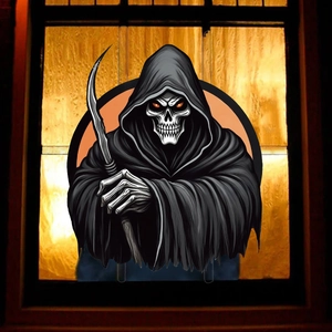 Spookachtige Grim Reaper Halloween raamsticker met gloeiende ogen en grote zeis
