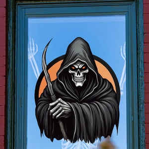 Detailweergave van de Halloween Grim Reaper statische raamsticker met zeis op vensterglas