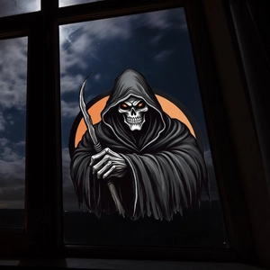 Detail van Grim Reaper Halloween raamsticker met zeis en gloeiende oranje ogen effect