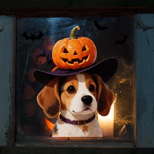 Halloween raamsticker met Beagle hond paarse heksenhoed en oranje pompoen decoratie