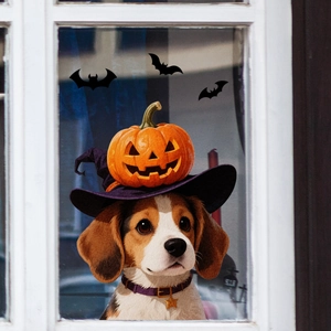 Detail van Halloween raamsticker met beagle in heksenhoed en pompoen ontwerp
