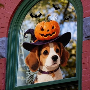 Halloween venstersticker detail van een beagle puppy met toenaarshoed op glas