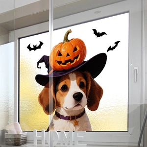 Halloween raamstickers met beagle hond, paarse heksenhoed en vleermuizen op glas