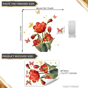 Creative floral tulip and butterfly wall stickers with gold foil for home decoration
