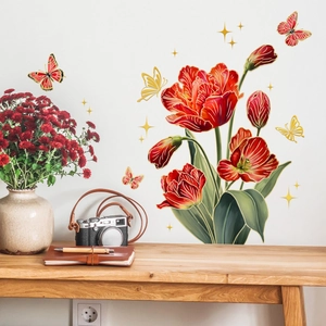 Detail of floral wall sticker with red tulips and golden stars on white background