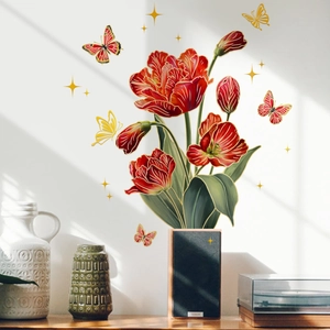Creative floral wall stickers with golden edges featuring red tulips and butterflies