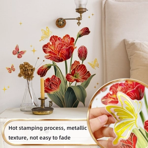 Detail of red tulip and gold butterfly wall stickers with metallic gold foil finish