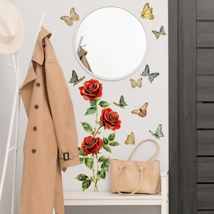 Realistic red roses and colorful butterflies self-adhesive wall stickers for home decor