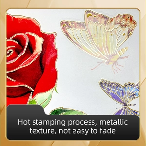 Detail of hot stamping floral wall sticker featuring red rose and golden butterflies
