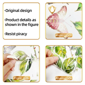 Detail of waterproof flower butterfly wall sticker with elegant gold foil outline