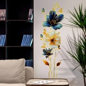 Modern hand-painted blue and gold floral wall stickers for minimalist home decor