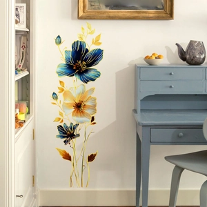 Artistic gold and blue floral wall stickers for home decor in elegant living room setting
