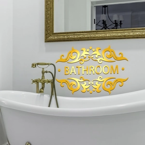 Elegante targa bagno 3D in acrilico dorato con motivi a ricciolo e scritte