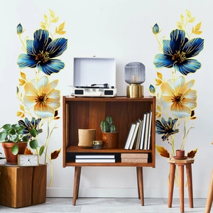 Blue and gold floral wall stickers shown in a modern living room with wood furniture