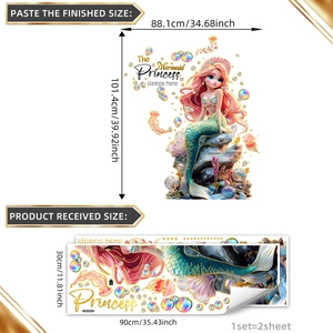 Cartoon mermaid wall sticker with The Mermaid Princess sleeps here text for room decor