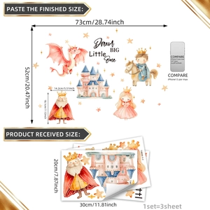 Stickers muraux conte de fées aquarelle avec dragon et château pour chambre d'enfant