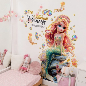 Detail of Mermaid Princess wall sticker with gold foil text in a cozy kid's bedroom