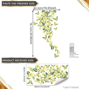 Detailed size guide for gold leaf flower and butterfly wall stickers showing dimensions