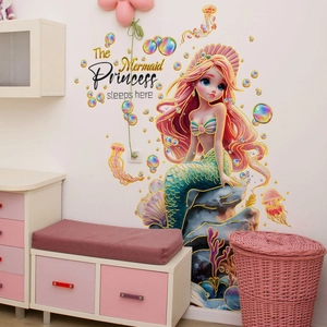 Cartoon Mermaid Princess Wall Stickers Hot Stamping PVC Waterproof Decals For Kids Bedroom Nursery Bathroom Decor Lettering Wall Art