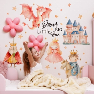 Stickers muraux château et dragon aquarelle rose pour chambre avec slogan Dream BIG