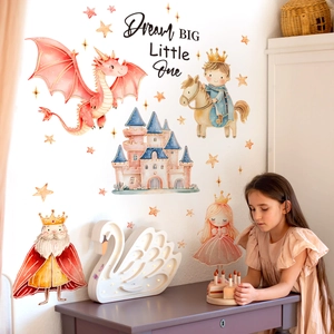 Stickers muraux conte de fées avec dragon et château décoratifs pour enfants