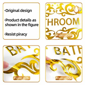 Detail of waterproof gold bathroom wall sticker with floral pattern and bathroom lettering