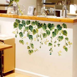 Green vine wall decals with gold ginkgo leaves and dragonflies for home decor