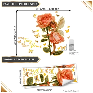 Stickers muraux fée rose et château, décorations fleurs papillons pour chambre enfant