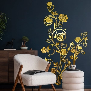 Detailed view of golden rose floral wall stickers with metallic texture on navy wall