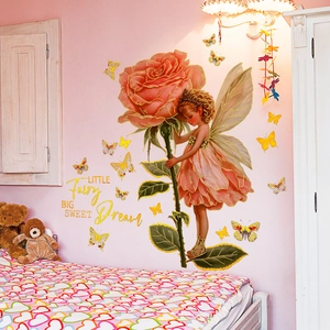 Sticker mural fée avec rose rose et papillons pour déco chambre d enfant