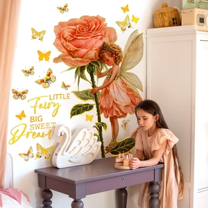 Sticker mural détaillé avec fée des fleurs rose, rose rouge et citation inspirante