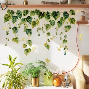 Creative green hanging plants wall stickers with gold trim and butterflies for home decor