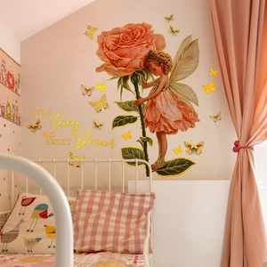 Stickers muraux fée rose et rose avec lettrage doré pour décor de chambre de fille