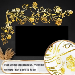 Detail of hot stamping gold rose wall sticker showing metallic texture and floral patterns