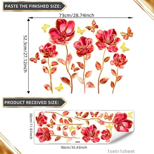 Floral wall stickers with red flowers and butterflies in finished and layout sizes