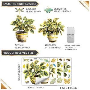 Size chart for 4-piece potted plant and butterfly wall stickers, 30x30cm each sheet