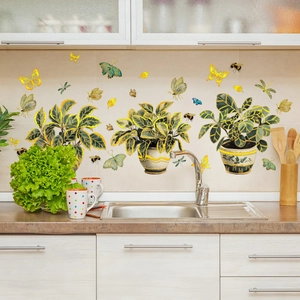 Creative potted green plants wall decals with golden butterflies for kitchen home decoration