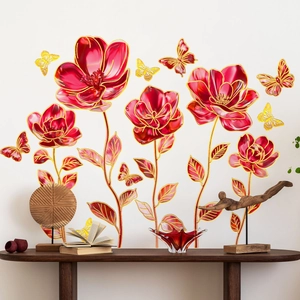 Modern floral wall decals with gold-rimmed red flowers and butterflies for bedroom decor