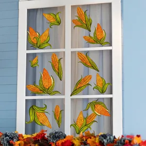 Autumn harvest corn window stickers with bright yellow kernels and green husks for glass decor