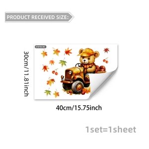 Detailed dimensions of cartoon bear on orange tractor window sticker with maple leaves