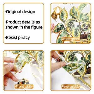 Waterproof wall stickers showing green potted plants with gold outlines and bee details