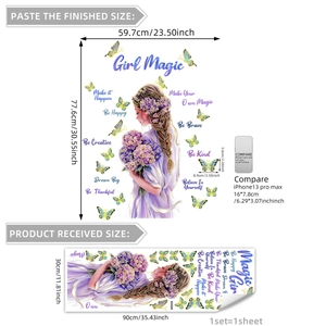 Détail de sticker mural fille avec fleurs violettes et papillons taille 30x90cm