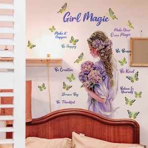 Stickers Muraux Rêveurs Fille Papillon Fleur Marquage à Chaud Or PVC Imperméable Citations Motivantes Décor de Chambre