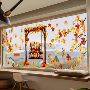 Autumn static window clings featuring cute teddy bears on swings with pumpkins and maple leaves