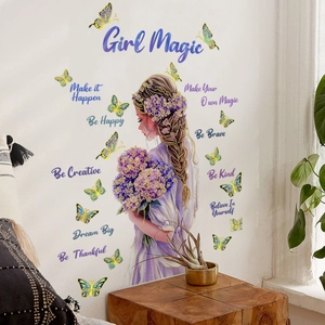 Stickers muraux avec fille, fleurs violettes, papillons et citations inspirantes Dream Big
