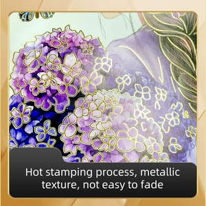 Gros plan d'un sticker mural doré avec des hortensias violets et des papillons