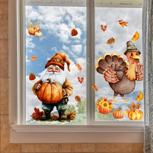 Fall Thanksgiving window stickers featuring watercolor gnomes, turkeys and maple leaves