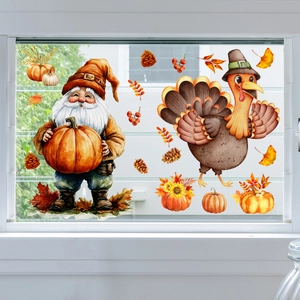 Detailed watercolor autumn window stickers featuring gnome, turkey and fall maple leaves