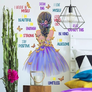 Détail des stickers muraux fille de dessin animé et papillons violets à bordure dorée