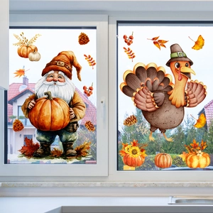 Detail of Thanksgiving window stickers featuring autumn gnome, turkey and maple leaves
